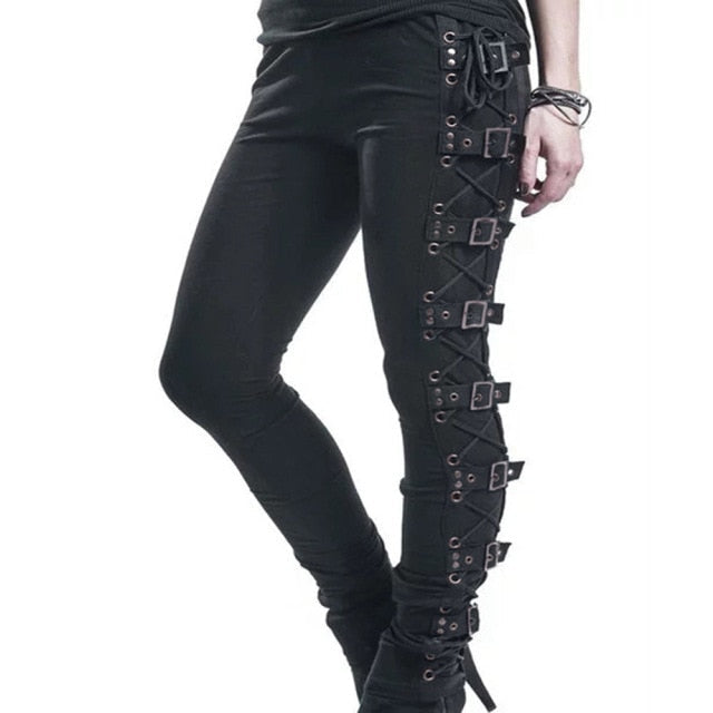 Sixsr Rosetic Lace Up Casual Cargo Pants Women Buckle Gothic Punk Rock Dark Black Pantalons High Waist Pants Plus Size Trousers S-5XL