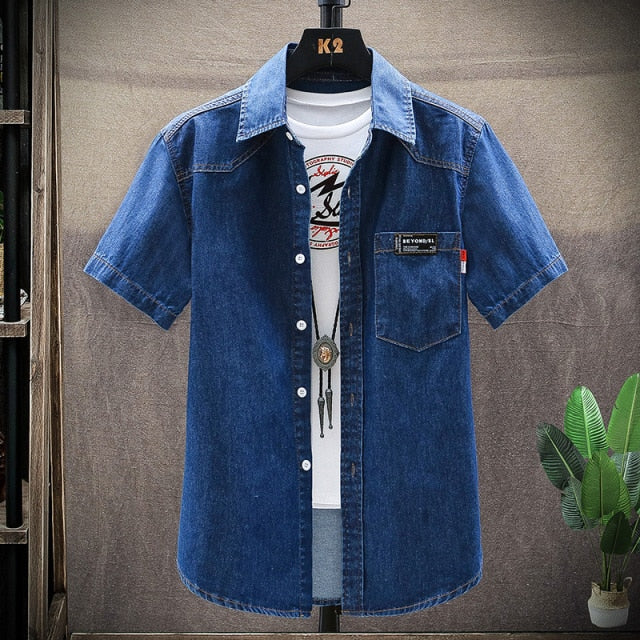 Denim Shirt Men Cotton Jeans Shirt Fashion summer Slim Short Sleeve Cowboy Shirt Stylish Wash Slim Tops Asian Multiple pockets