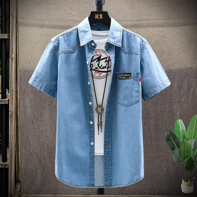 Denim Shirt Men Cotton Jeans Shirt Fashion summer Slim Short Sleeve Cowboy Shirt Stylish Wash Slim Tops Asian Multiple pockets