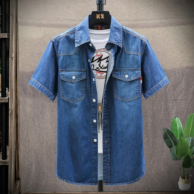Denim Shirt Men Cotton Jeans Shirt Fashion summer Slim Short Sleeve Cowboy Shirt Stylish Wash Slim Tops Asian Multiple pockets