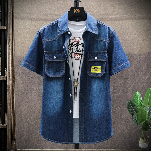 Denim Shirt Men Cotton Jeans Shirt Fashion summer Slim Short Sleeve Cowboy Shirt Stylish Wash Slim Tops Asian Multiple pockets