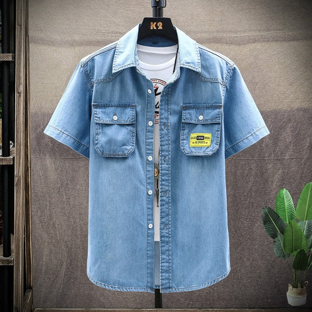 Denim Shirt Men Cotton Jeans Shirt Fashion summer Slim Short Sleeve Cowboy Shirt Stylish Wash Slim Tops Asian Multiple pockets