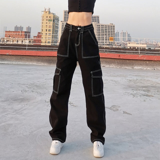 Sixsr Brown Vintage Baggy Jeans Women 90s Streetwear Pockets Wide Leg Cargo Pants Y2K Low Waist Straight Denim Trousers