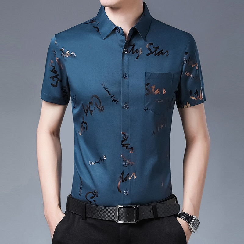 New Men Shirt High Quality Silk Print Summer Short sleeve Casual Shirts Men Slim Fit Camisa Masculina C749