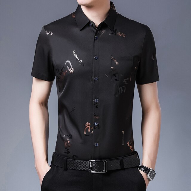 New Men Shirt High Quality Silk Print Summer Short sleeve Casual Shirts Men Slim Fit Camisa Masculina C749