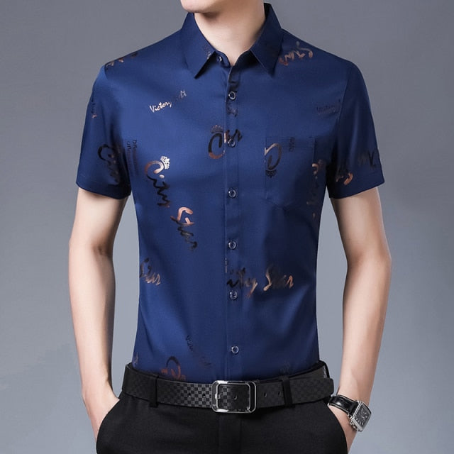 New Men Shirt High Quality Silk Print Summer Short sleeve Casual Shirts Men Slim Fit Camisa Masculina C749