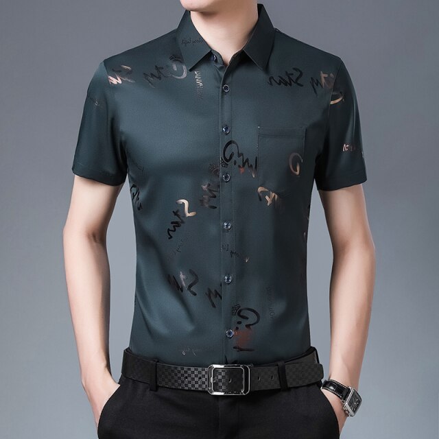 New Men Shirt High Quality Silk Print Summer Short sleeve Casual Shirts Men Slim Fit Camisa Masculina C749
