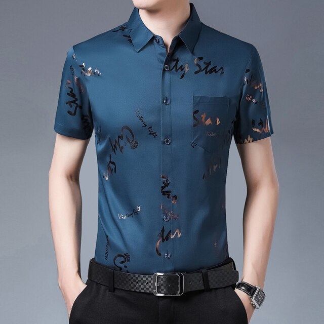 New Men Shirt High Quality Silk Print Summer Short sleeve Casual Shirts Men Slim Fit Camisa Masculina C749