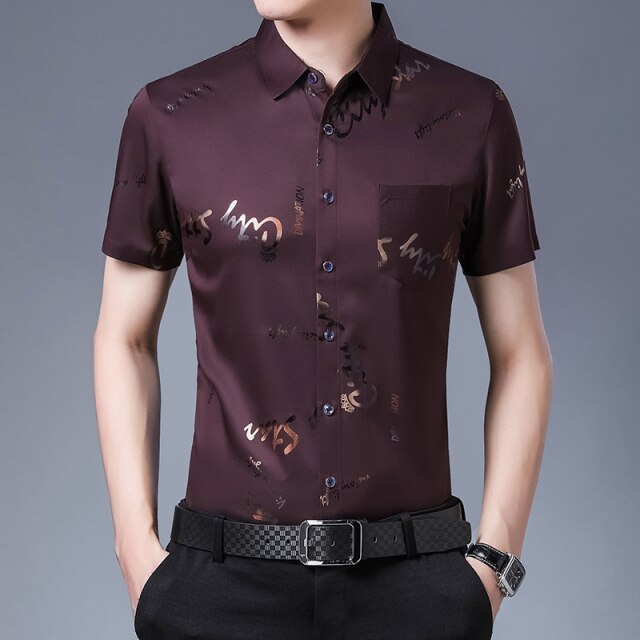 New Men Shirt High Quality Silk Print Summer Short sleeve Casual Shirts Men Slim Fit Camisa Masculina C749