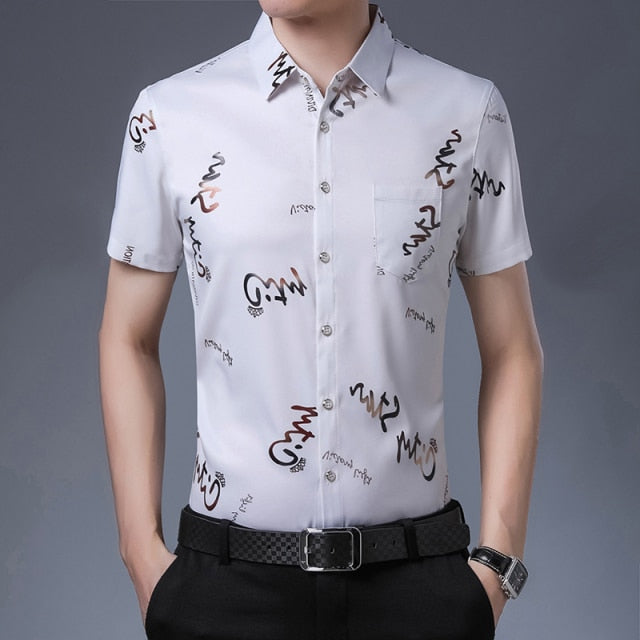 New Men Shirt High Quality Silk Print Summer Short sleeve Casual Shirts Men Slim Fit Camisa Masculina C749