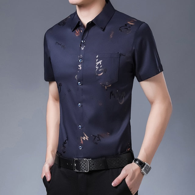 New Men Shirt High Quality Silk Print Summer Short sleeve Casual Shirts Men Slim Fit Camisa Masculina C749