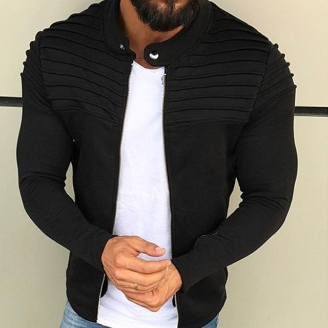 Sixsr New Fashion Sports Casual Men Jacket Men's Autumn Pleats Slim Stripe Fit Jacket Zipper Long Sleeve Coat Cardigan Coat M-XXXL