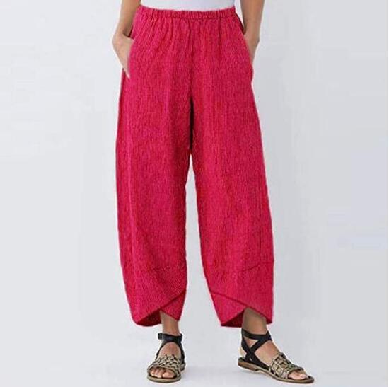 Sixsr Vintage Harem Pants Women Casual Loose Printed Elastic Waist Cotton Linen Wide Leg Pants Summer Irregular Pantalon Cropped Pants