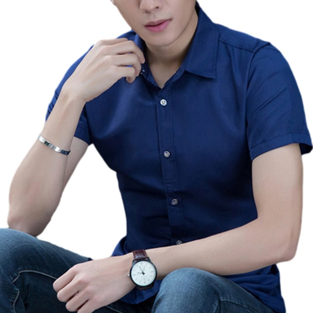 Fashion with short sleeves Pure Color large size Men Shirt Short Sleeve Slim Fit Formal Men's White Shirt Business Male Social
