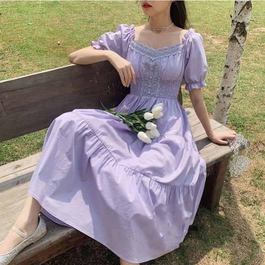 Sixsr  New Fashion Women Purple Elegantes Long Dress Cottage Core Vintage Women's Wear Aesthetic Summer Fairy Dress Sukienka Kawaii