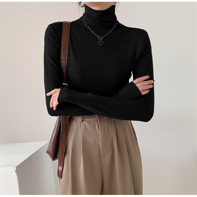 Sixsr Autumn Women Pullover Tops Female Knitted Sweaters Solid Concise Turtleneck Elasticity Elegant Office Lady Casual All Match