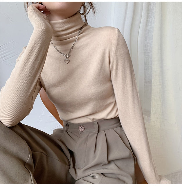 Sixsr Autumn Women Pullover Tops Female Knitted Sweaters Solid Concise Turtleneck Elasticity Elegant Office Lady Casual All Match