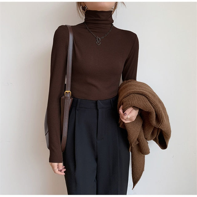 Sixsr Autumn Women Pullover Tops Female Knitted Sweaters Solid Concise Turtleneck Elasticity Elegant Office Lady Casual All Match