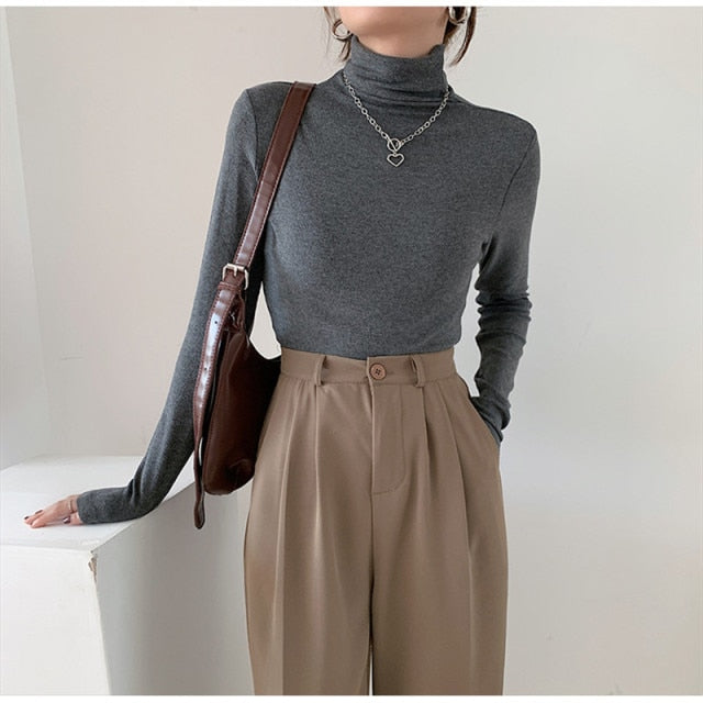 Sixsr Autumn Women Pullover Tops Female Knitted Sweaters Solid Concise Turtleneck Elasticity Elegant Office Lady Casual All Match