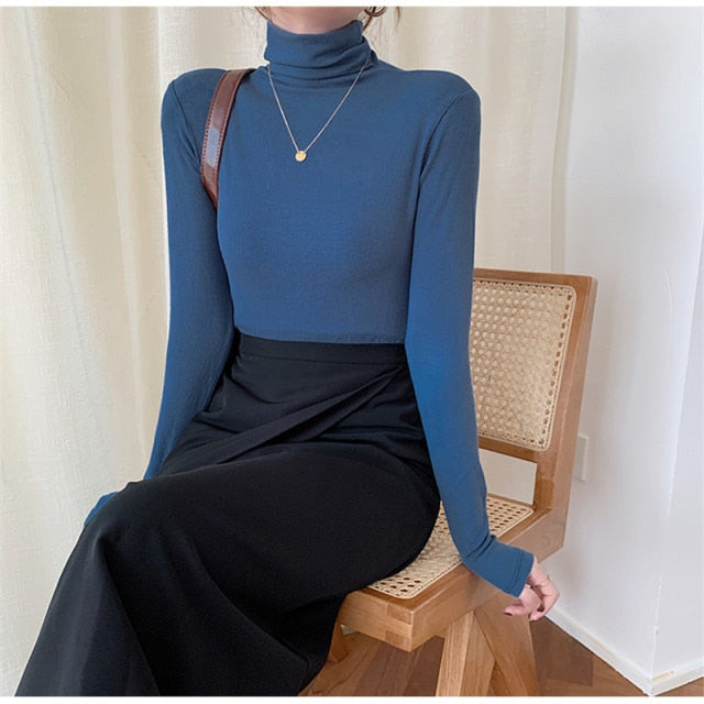 Sixsr Autumn Women Pullover Tops Female Knitted Sweaters Solid Concise Turtleneck Elasticity Elegant Office Lady Casual All Match