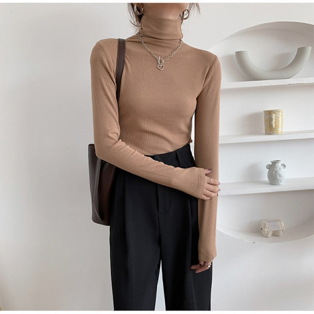 Sixsr Autumn Women Pullover Tops Female Knitted Sweaters Solid Concise Turtleneck Elasticity Elegant Office Lady Casual All Match