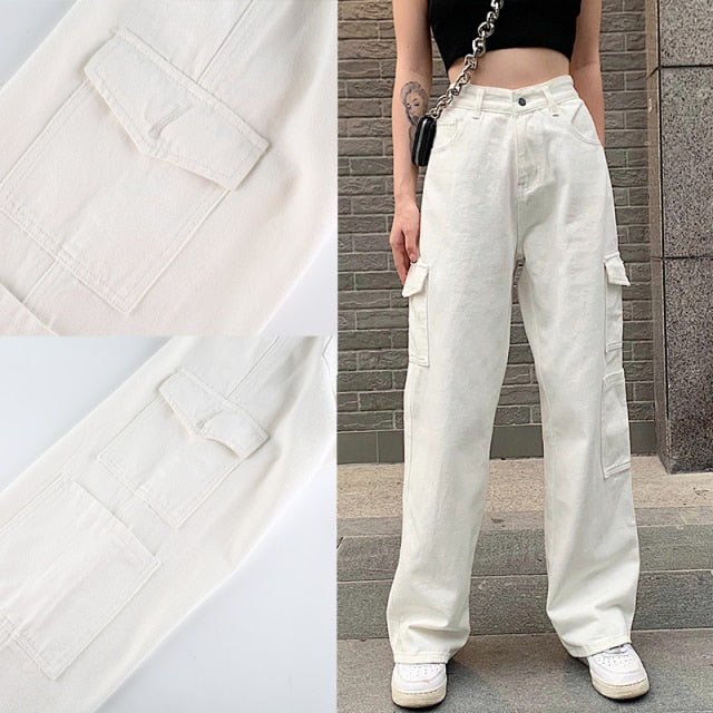 Sixsr Brown Vintage Baggy Jeans Women 90s Streetwear Pockets Wide Leg Cargo Pants Y2K Low Waist Straight Denim Trousers