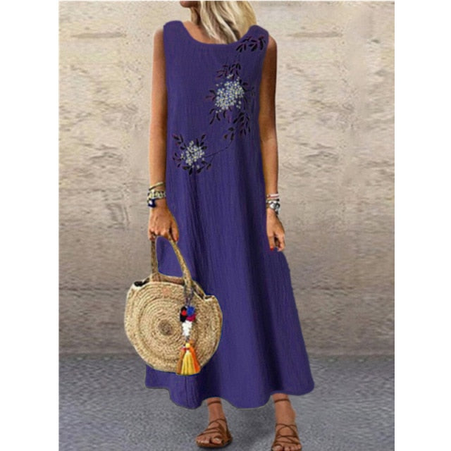 Sixsr Sundress Women Summer Dress Printing Sexy Dress Midi Plus Size Casual Linen Loose Sleeveless printed Long Maxi Dress