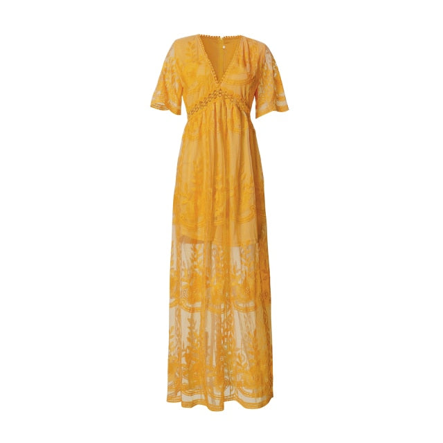 sixsr Summer Boho Women Maxi Dress Loose Embroidery White Lace long Tunic Beach Dress Vacation Holiday Women Clothing