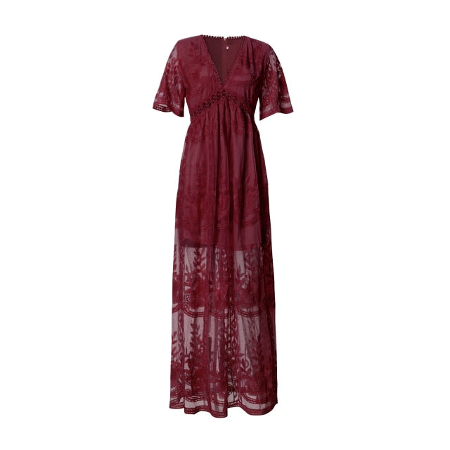 sixsr Summer Boho Women Maxi Dress Loose Embroidery White Lace long Tunic Beach Dress Vacation Holiday Women Clothing
