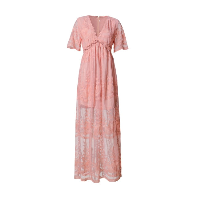 sixsr Summer Boho Women Maxi Dress Loose Embroidery White Lace long Tunic Beach Dress Vacation Holiday Women Clothing