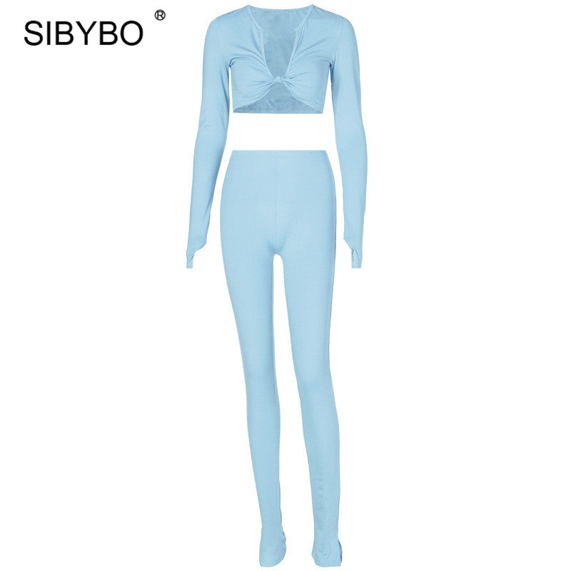 Sixsr 2 Piece Outfits For Women Sexy Long Sleeve Crop Tops Drawstring Leggings Pants Sets Casual Sporty Sweatpants Tracksuits