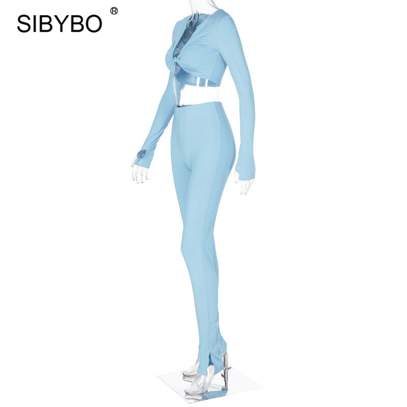 Sixsr 2 Piece Outfits For Women Sexy Long Sleeve Crop Tops Drawstring Leggings Pants Sets Casual Sporty Sweatpants Tracksuits