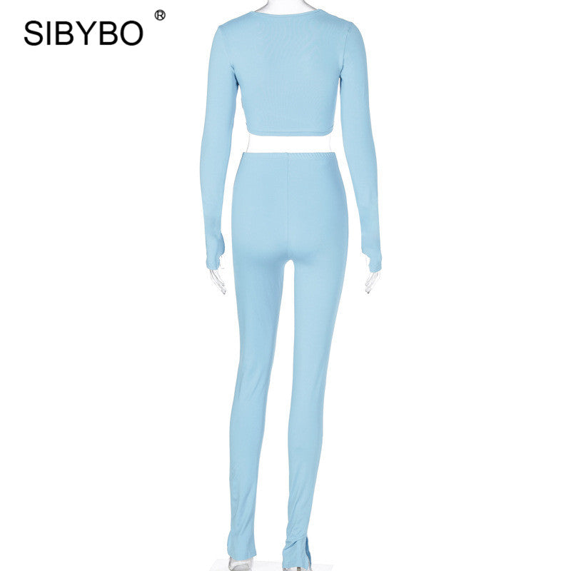 Sixsr 2 Piece Outfits For Women Sexy Long Sleeve Crop Tops Drawstring Leggings Pants Sets Casual Sporty Sweatpants Tracksuits