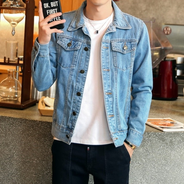 Men Jeans Jackets Light Blue Denim Jackets Coats High Quality Men Cotton Slim Denim Coats New Spring Mens Casual Jean Coats