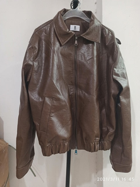 IEFB Men's Clothing Autumn New Oversize Coat Korean Trend Loose Casual PU Leather Jacket Coat Male Zipper Lapel Clothes 9Y4382