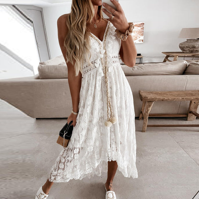Sixsr Women Fashion Trends Off Shoulder Lace Patchwork Elegant Dress Women Summer V Neck Spaghetti Strap Dress Female New Fashion Solid Party Dresses
