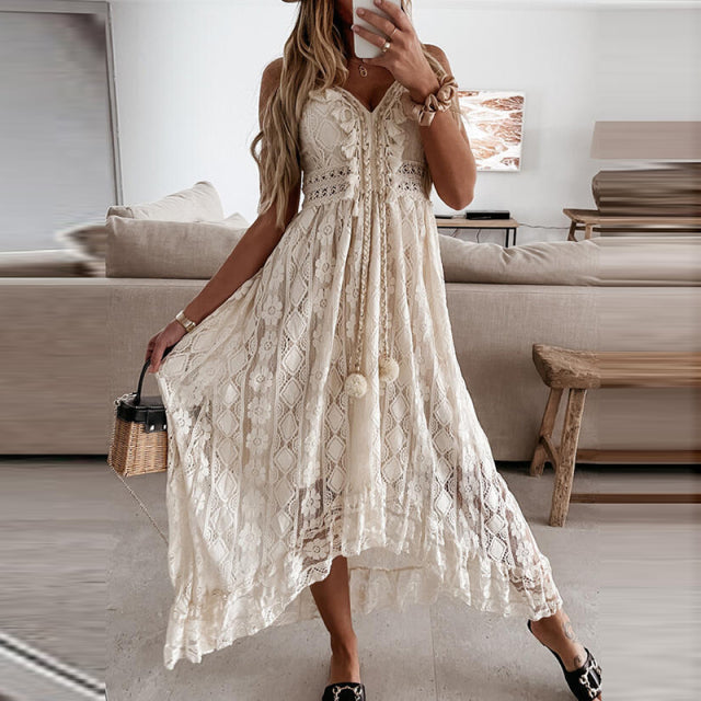 Sixsr Women Fashion Trends Off Shoulder Lace Patchwork Elegant Dress Women Summer V Neck Spaghetti Strap Dress Female New Fashion Solid Party Dresses
