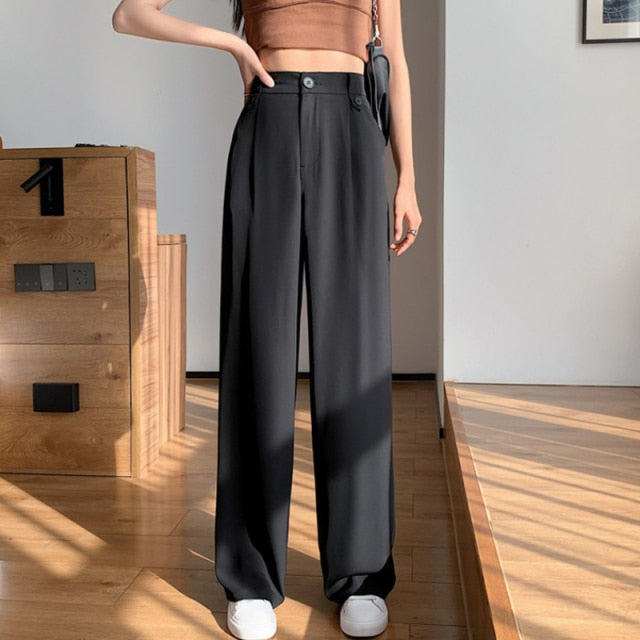 Sixsr Spring Autumn Loose Wide Leg Trousers Female Causal Elastic High Waist Women Suit Pants  Ladies Solid Pantalon New