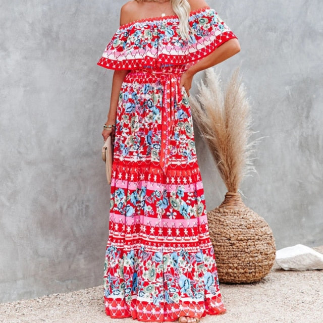 Sixsr Summer Women's Dress White Floral Dress Off The Shoulder Long Dress Female Streetwear Casual Elegant Party Dresses Ladies
