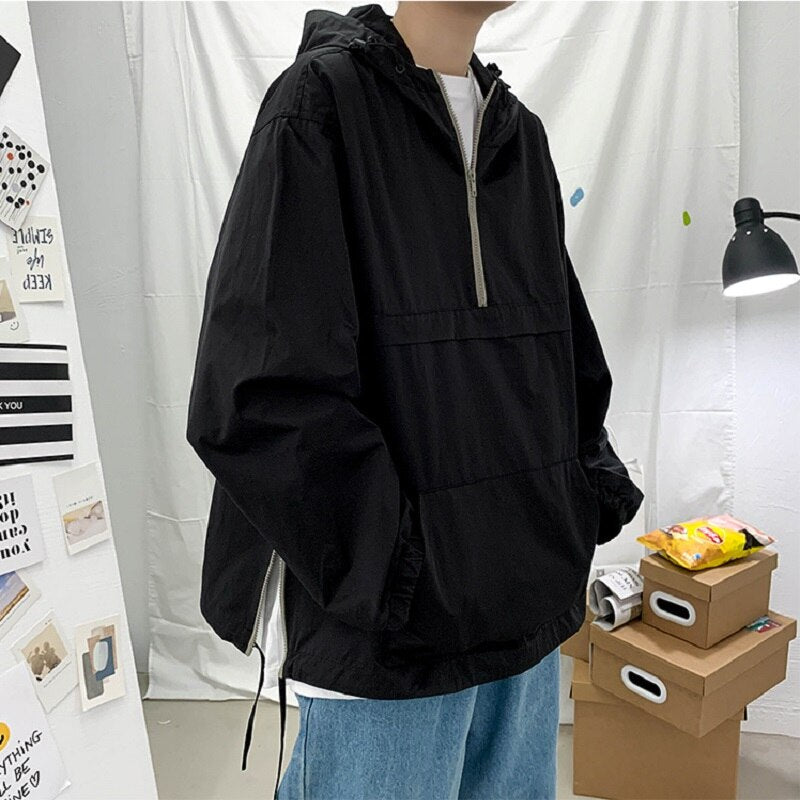 Spring Retro Tooling Half Zipper Hooded Sweater Male Korean Casual Loose Couple Outer Wear Top Man Zip Up Hoodies Sweatshirts
