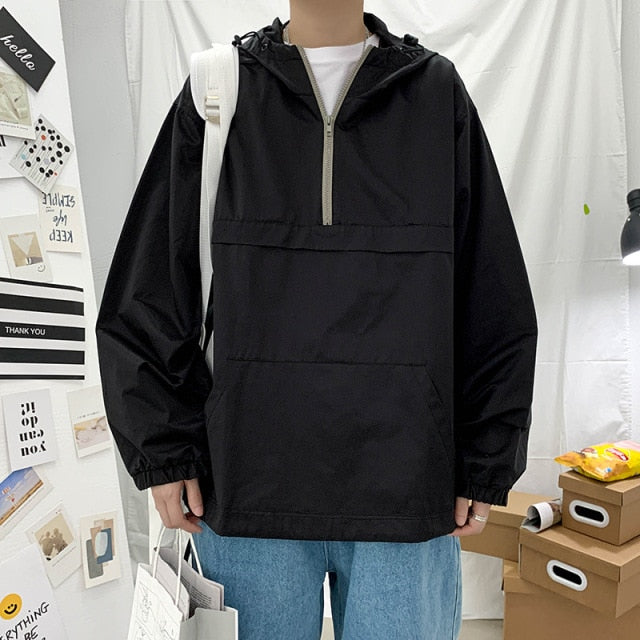Spring Retro Tooling Half Zipper Hooded Sweater Male Korean Casual Loose Couple Outer Wear Top Man Zip Up Hoodies Sweatshirts