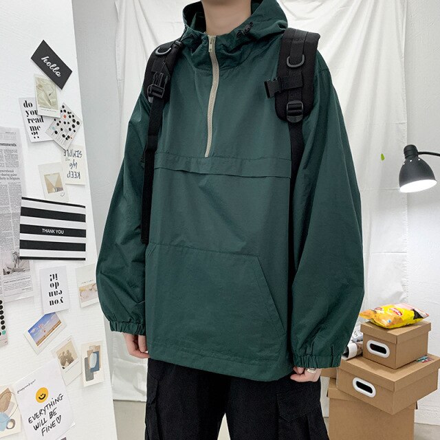 Spring Retro Tooling Half Zipper Hooded Sweater Male Korean Casual Loose Couple Outer Wear Top Man Zip Up Hoodies Sweatshirts