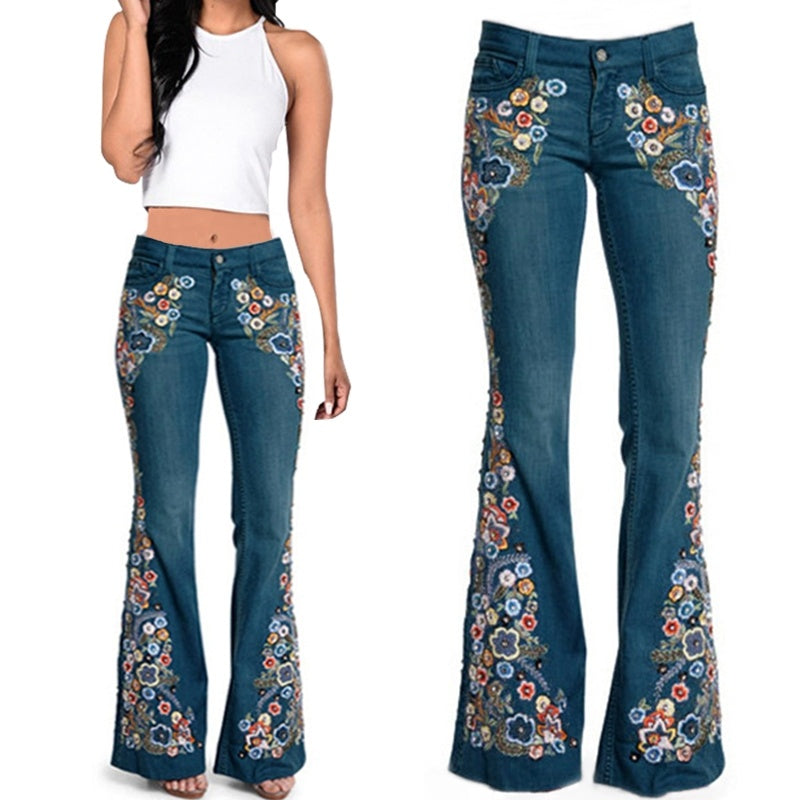 Sixsr  Trends Hot Sale Women Embroidered Bell Bottoms Skinny Jeans Floral Flared Jeans Ladies Spring Casual Denim Pants XS-4XL