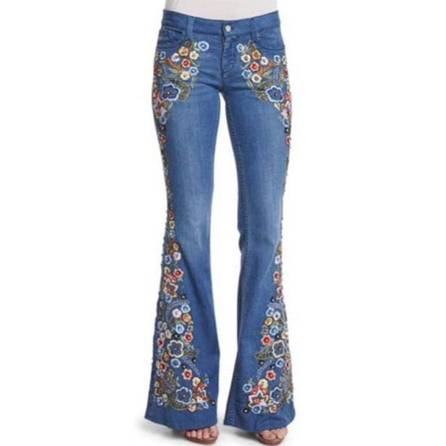 Sixsr  Trends Hot Sale Women Embroidered Bell Bottoms Skinny Jeans Floral Flared Jeans Ladies Spring Casual Denim Pants XS-4XL