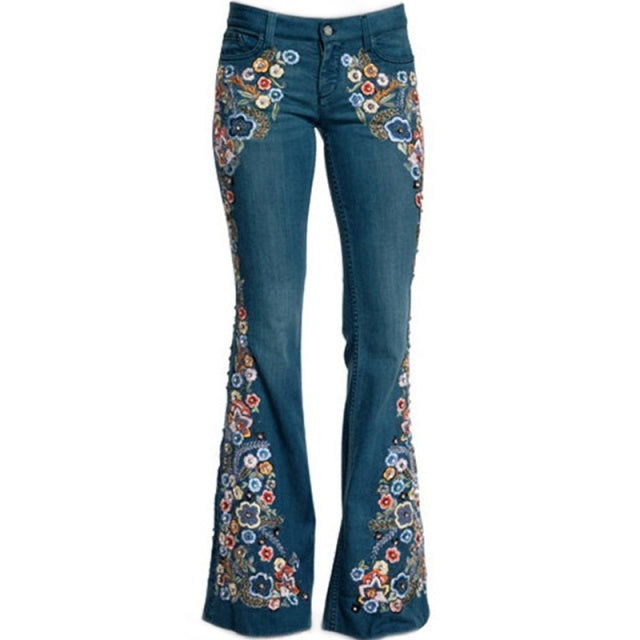 Sixsr  Trends Hot Sale Women Embroidered Bell Bottoms Skinny Jeans Floral Flared Jeans Ladies Spring Casual Denim Pants XS-4XL