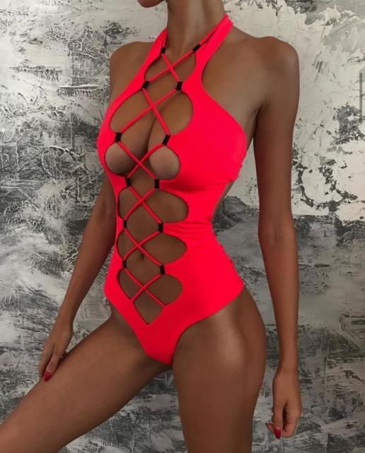 sixsr Sexy Solid Color Halter One Piece Swimsuit Women Push Up Hollow Out Bikini Swimwear Female Cross Bandage Bathing Suit Biquini