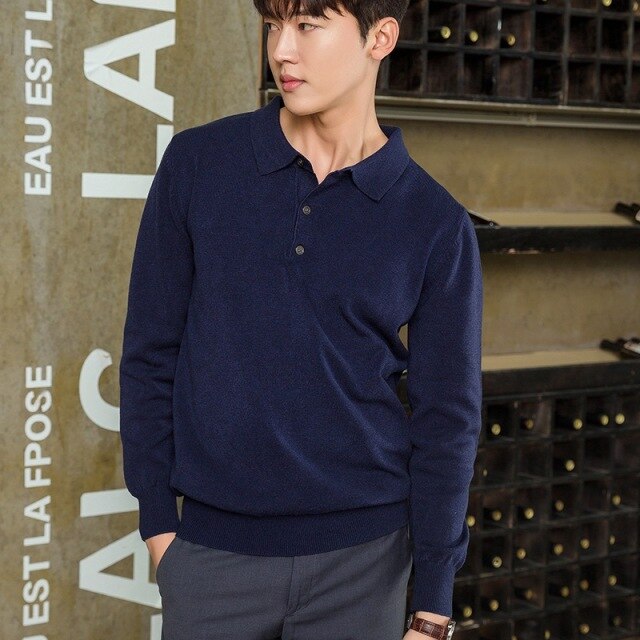 Spring and Autumn New Knitwear Men's Clothing Polo Collar Pullover Sweater Lapel Button Long Sleeve Loose Top Generation Hair