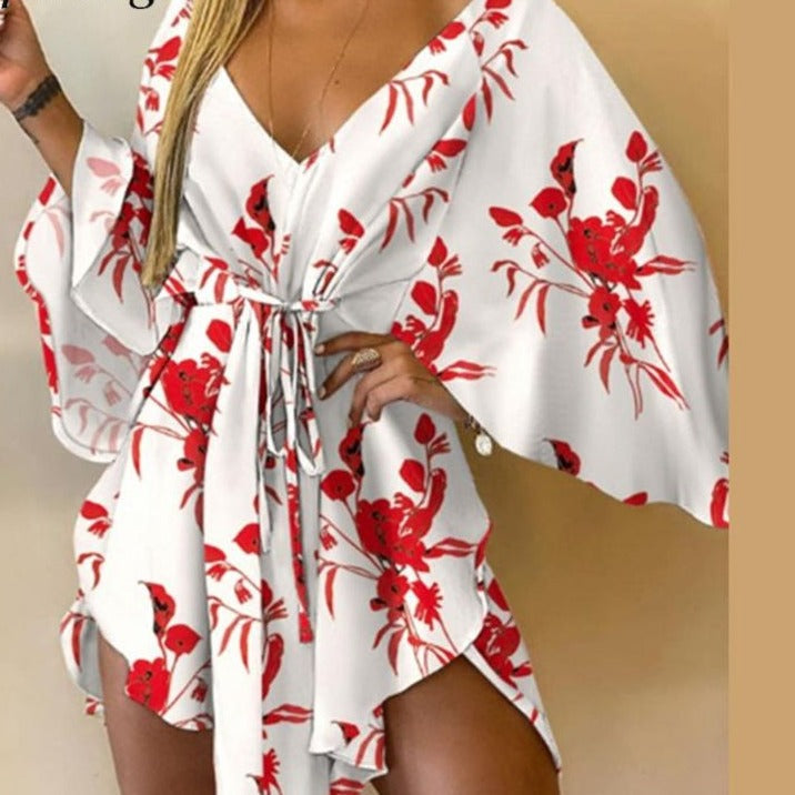 Sixsr Sexy V-Neck Women Mini Dress Casual Leaf Leopard Print Harajuku Batwing Sleeve Dress Lady Elegant Lace-Up Irregular Party Dress