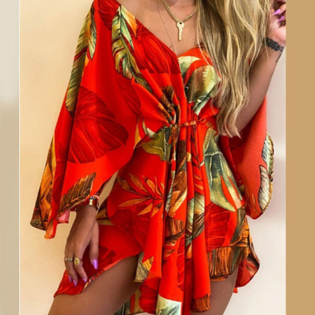 Sixsr Sexy V-Neck Women Mini Dress Casual Leaf Leopard Print Harajuku Batwing Sleeve Dress Lady Elegant Lace-Up Irregular Party Dress