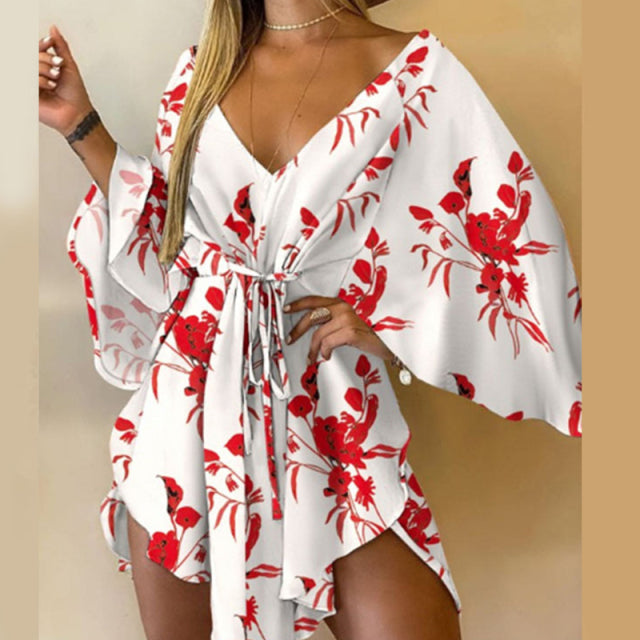 Sixsr Sexy V-Neck Women Mini Dress Casual Leaf Leopard Print Harajuku Batwing Sleeve Dress Lady Elegant Lace-Up Irregular Party Dress